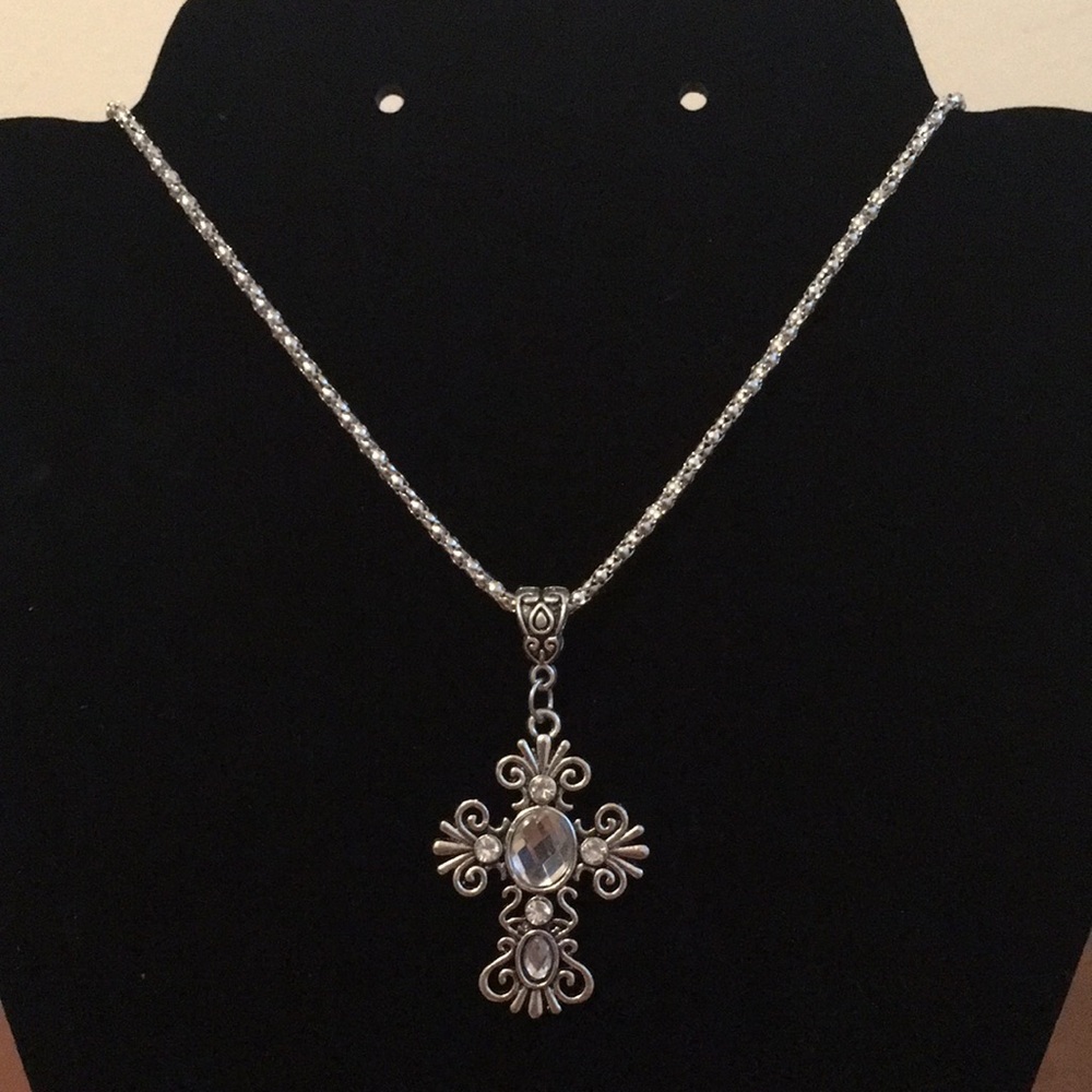 Rhinestone Cross Necklace - Clear